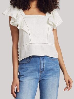 Faherty White Linen Blend Flutter Sleeve Top L Square Neck Boho Coastal Cottage